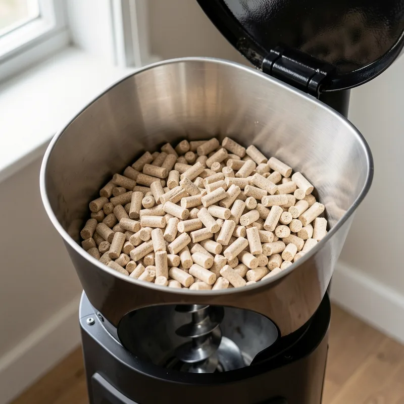 Vis sans fin et réservoir de granulés ouverts sur un poêle à pellets domestique