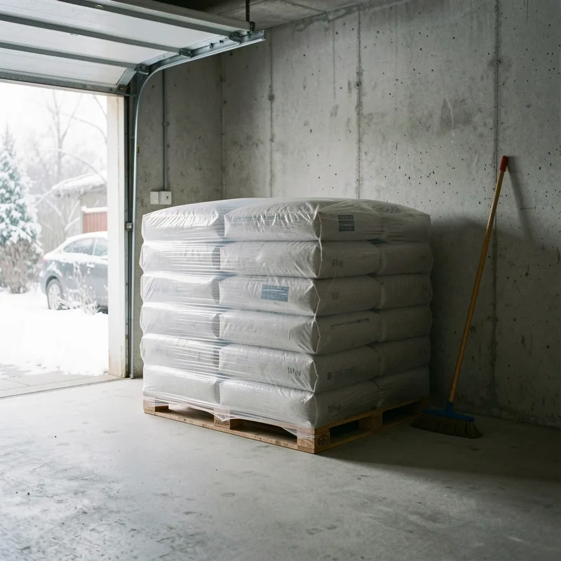 Palette de sacs de granulés de bois stockée au sec dans un garage