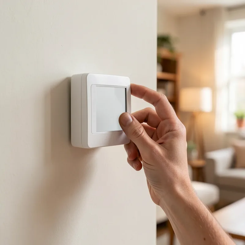 Main réglant le thermostat mural d’un chauffage dans un salon en hiver