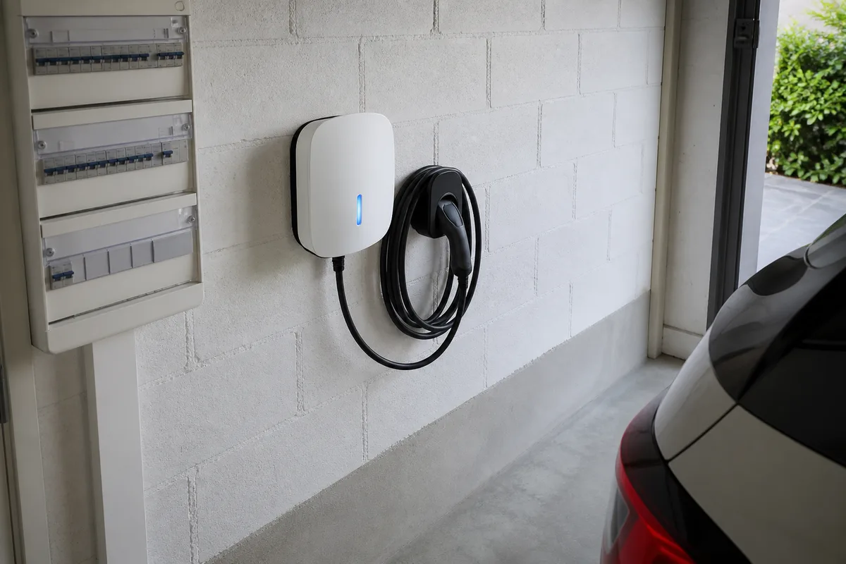 Wallbox murale 7,4 kW en charge dans le garage d&rsquo;une maison du Haut-Doubs