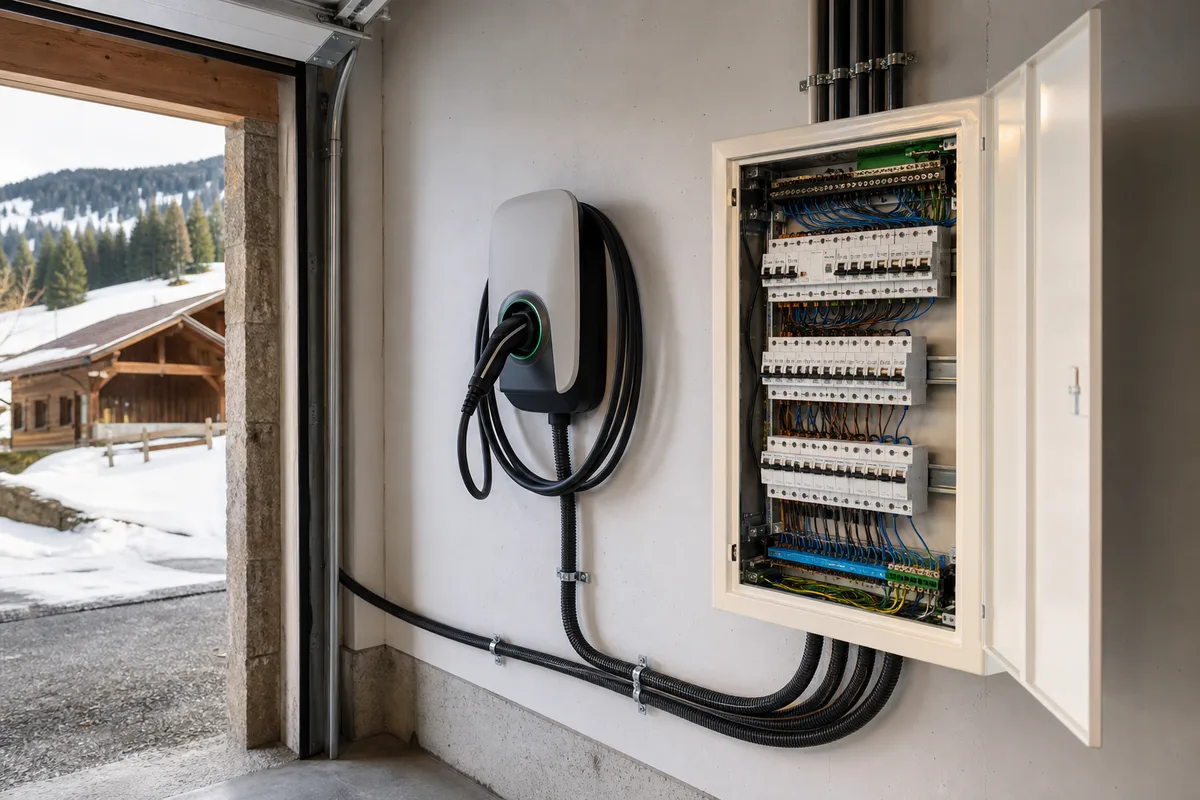 Wallbox de recharge montée près du tableau électrique dans un garage du Haut-Doubs