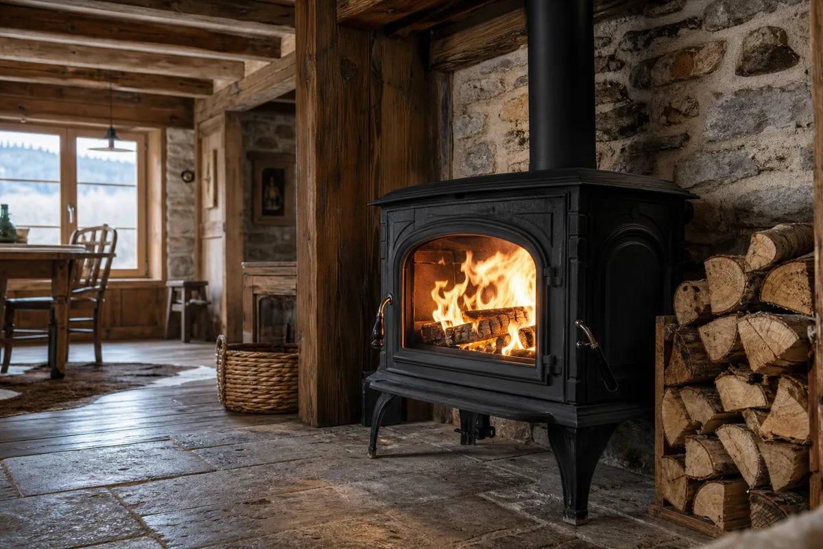 Poêle à bois en fonte allumé dans une ferme comtoise rénovée du val de Morteau