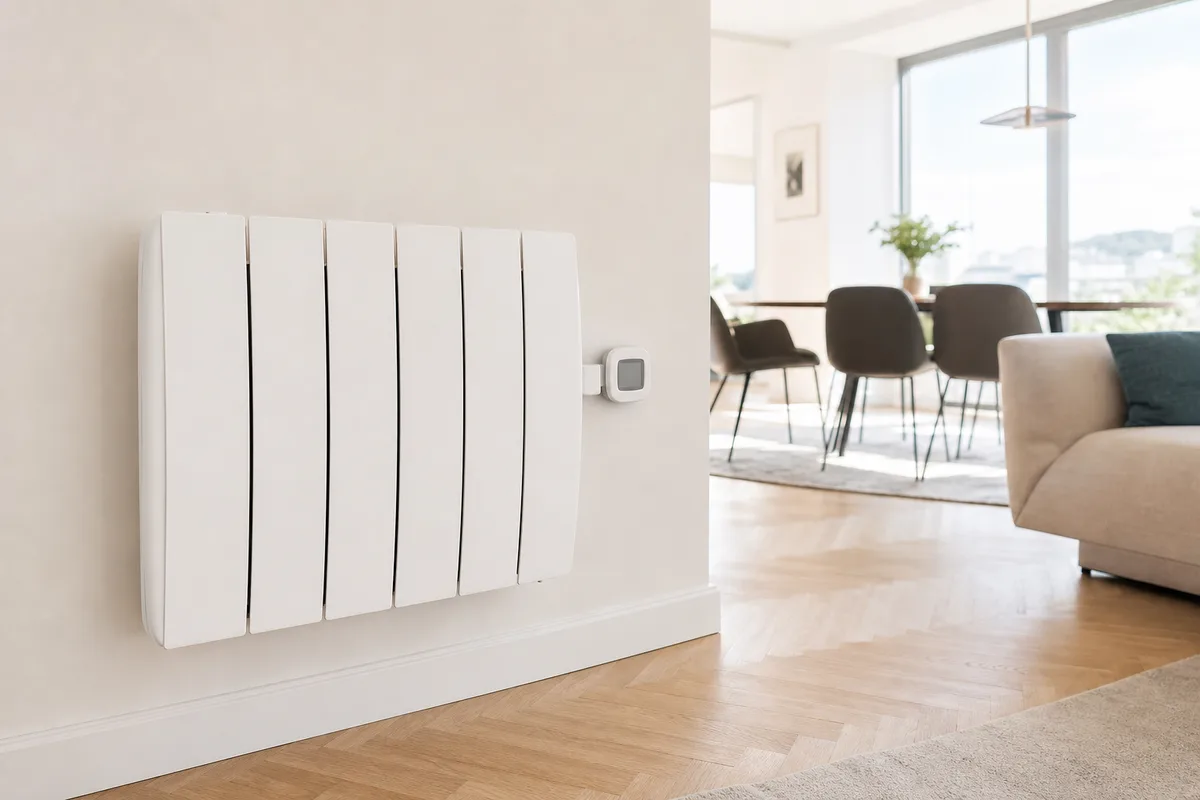 Radiateur électrique à inertie fixé au mur d’un appartement lumineux à Pontarlier