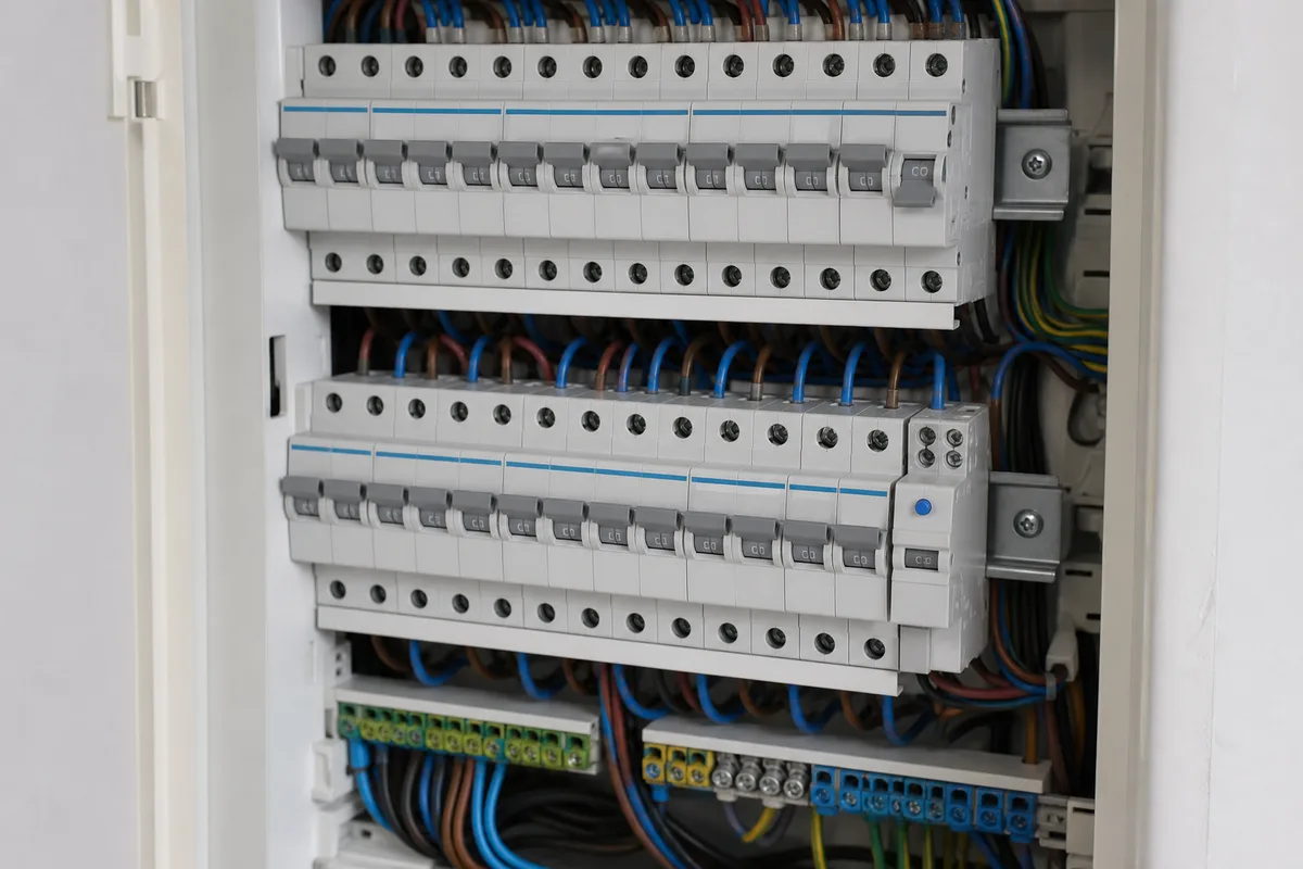 Tableau électrique domestique avec disjoncteurs, l&rsquo;un déclenché après un court-circuit