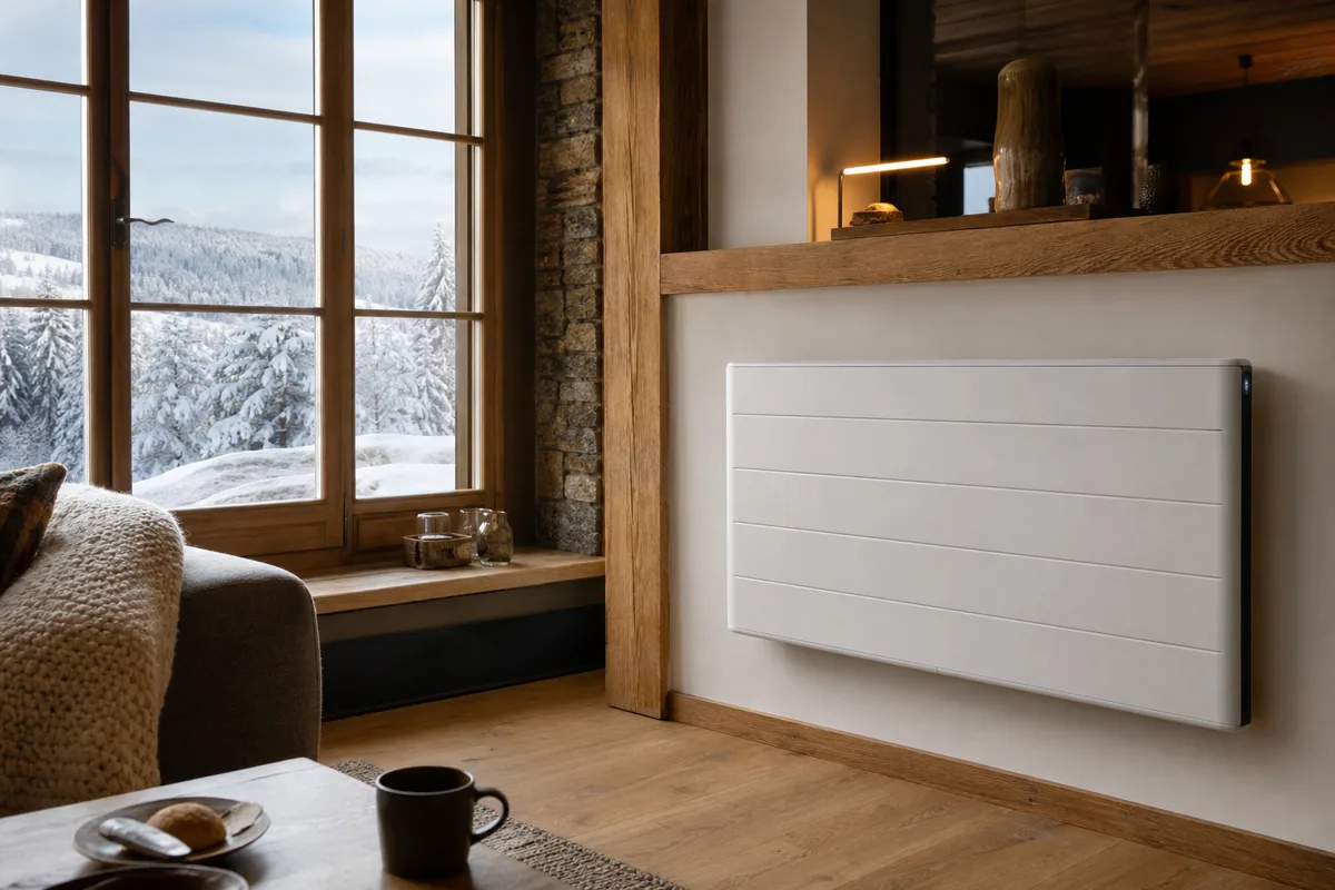 Radiateur électrique dans un séjour de maison du Haut-Doubs en hiver
