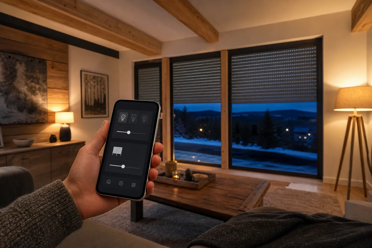 Éclairage et volets connectés pilotés depuis un smartphone dans un séjour du Haut-Doubs