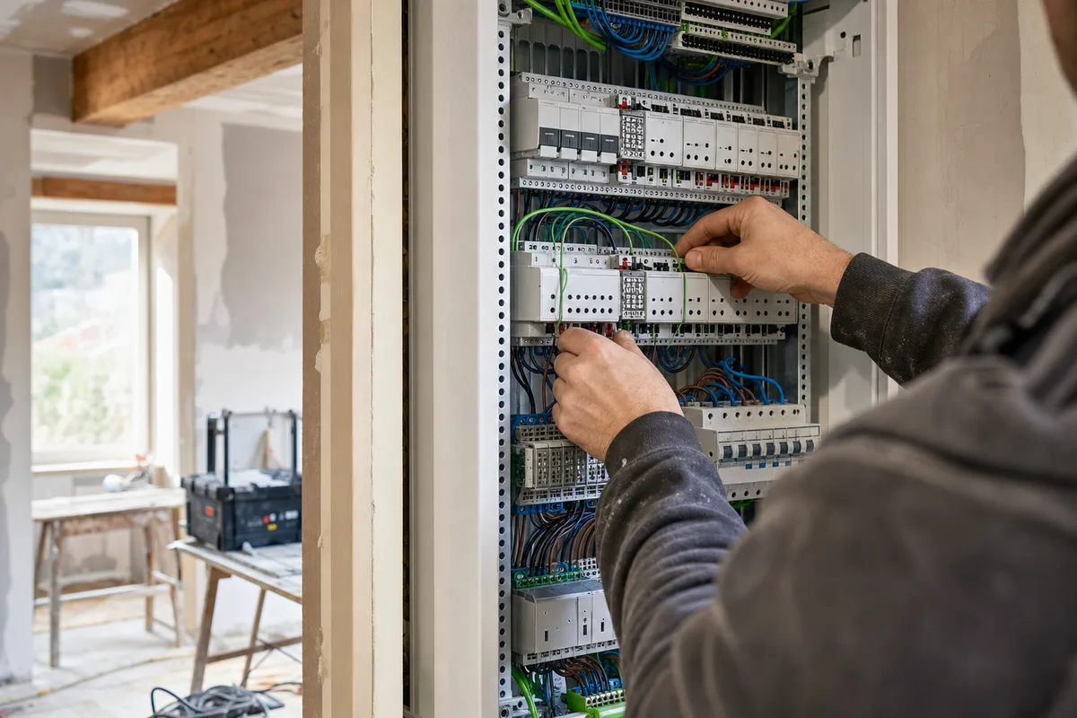 Tableau électrique domotique KNX en cours d&rsquo;installation dans une maison rénovée