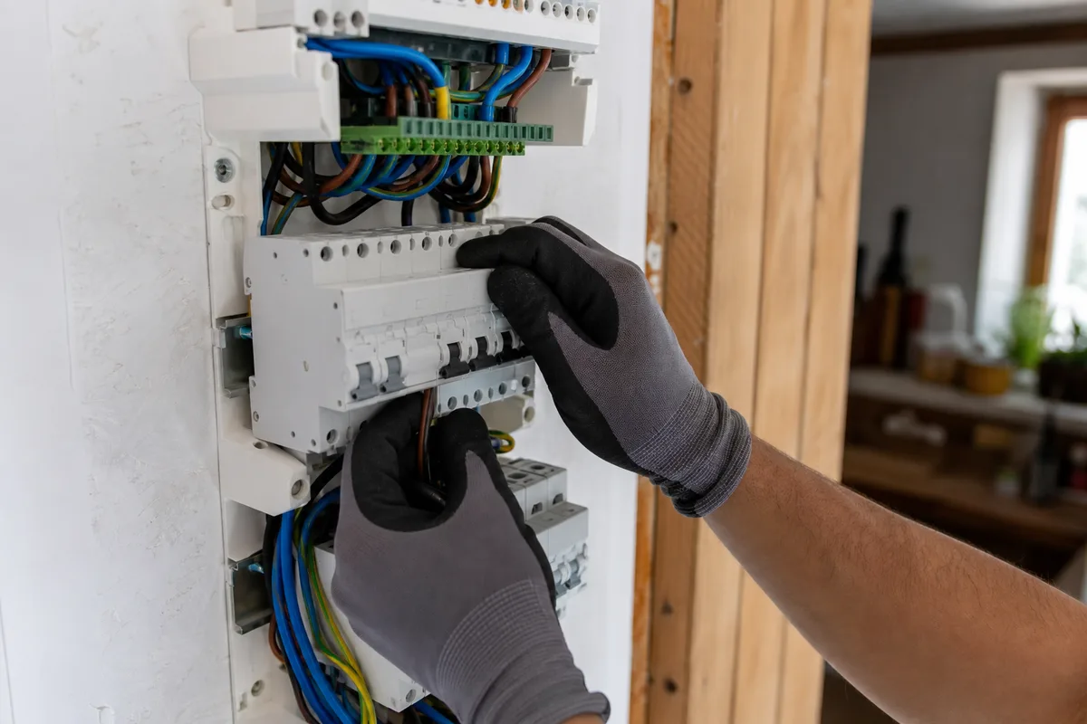 Électricien intervenant sur un tableau électrique dans une maison du secteur de Champagnole, Jura