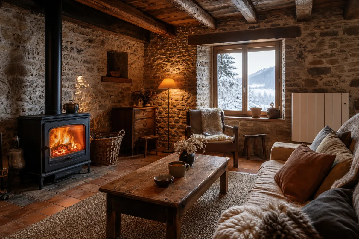 Poêle à bois et radiateur dans une maison ancienne en pierre du plateau jurassien près de Champagnole