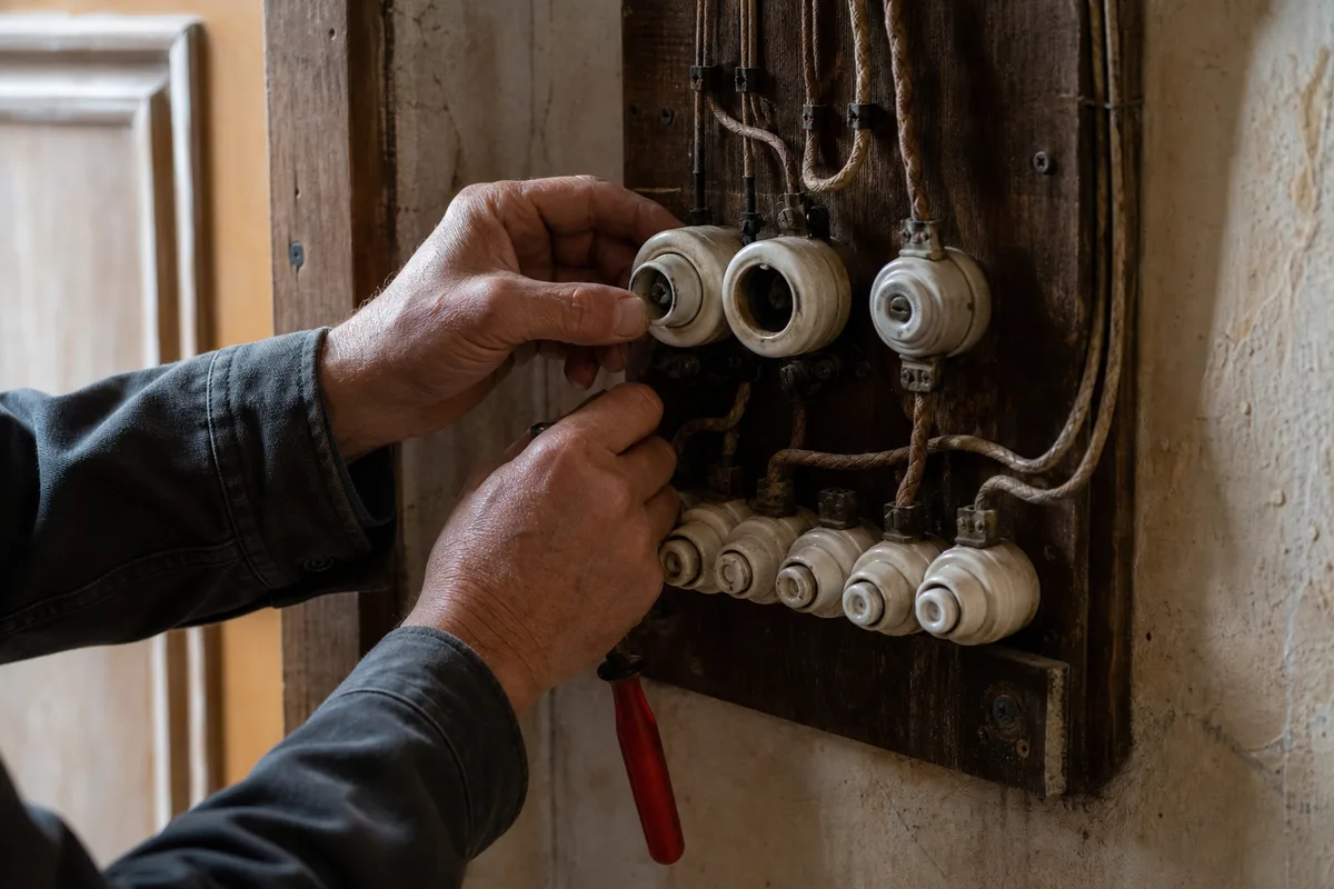 Électricien inspectant un ancien tableau électrique à fusibles dans une maison du Haut-Doubs