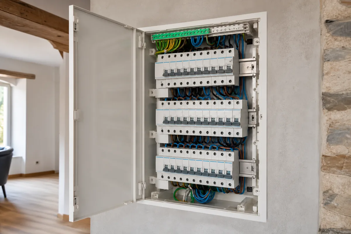Tableau électrique moderne aux normes avec disjoncteurs différentiels dans un logement rénové